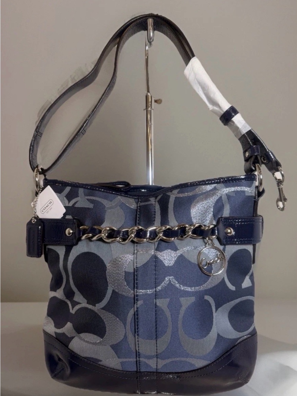 Coach Navy and Silver Chain-Accent Shoulder Bag
